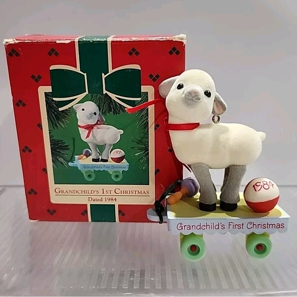 1984 Hallmark Keepsake Ornament Grandchilds First Christmas Flocked Lamb Vintage
